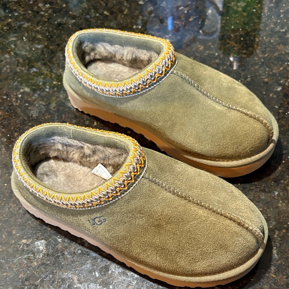 UGG Olive Green Mules with Tan Accents